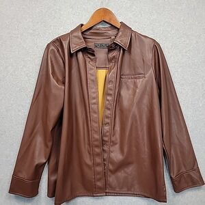 Bagatelle Collection Chocolate Brown Faux Leather Shirt Jacket Cozy Womens Sz M